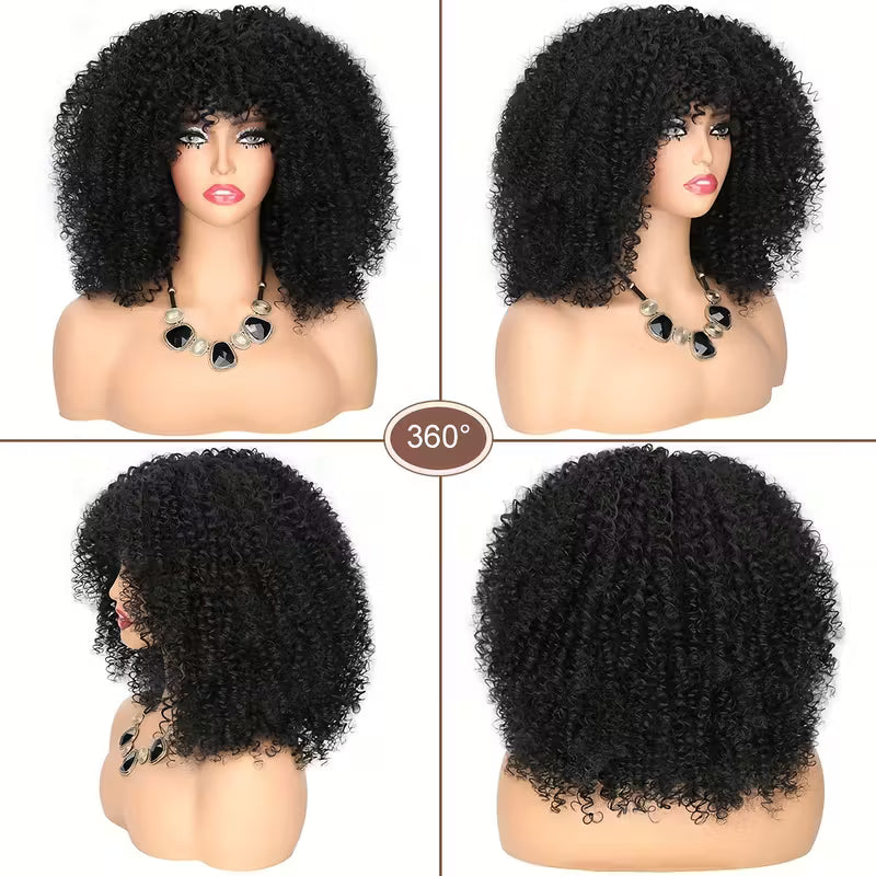 “Classic Afro Kinky Curly Wig with Bangs – 16″ Natural Black”