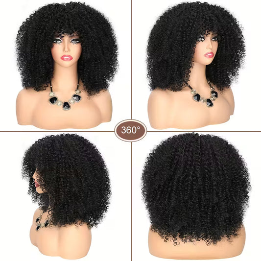 “Classic Afro Kinky Curly Wig with Bangs – 16″ Natural Black”